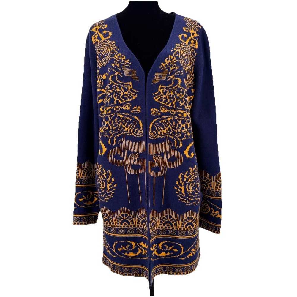 Attitudes by Renee Sweater XS Global Illusions Navy/Mustard Open Front Cardigan